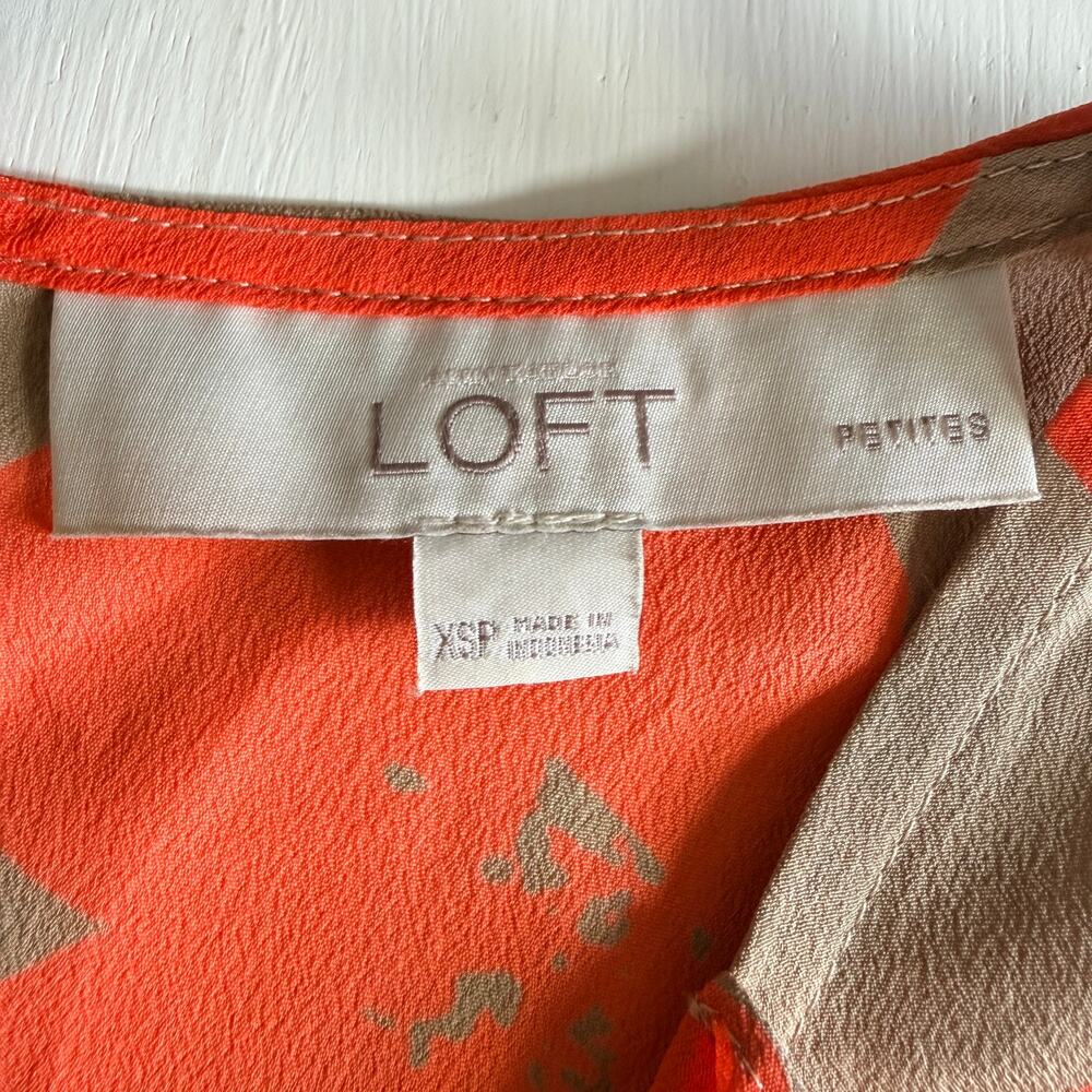 Loft XS Tan Orange Floral Ruffle V-Neck Sleeveless Office Casual Spring Blouse - Picture 4 of 10